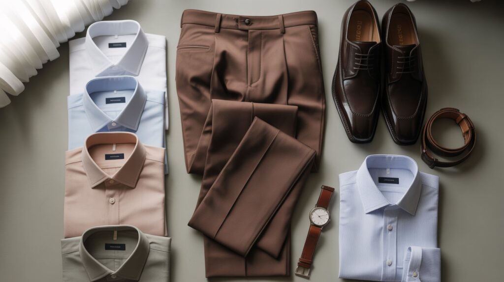 Flat lay of men’s clothing showing the best color dress shirt with brown pants, including white, light blue, beige, olive green, and striped shirts with matching shoes and accessories.