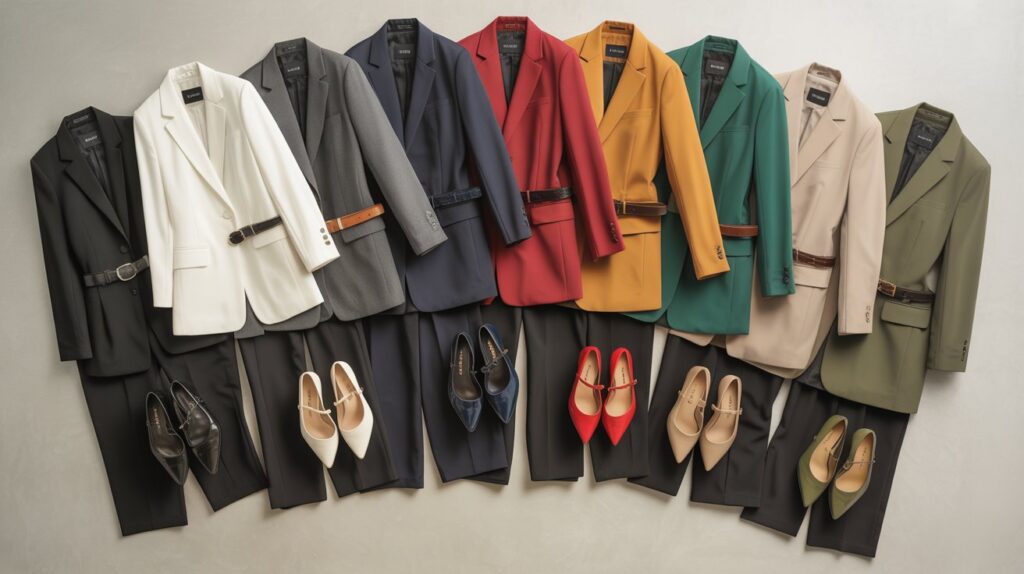 Flat lay of outfit ideas showing what color jacket to wear with black pant, featuring various blazers, black pants, and matching shoes