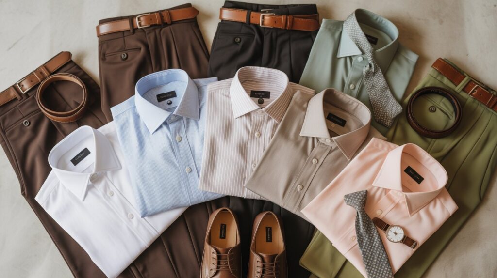 What color dress shirt with brown pants lies in balance