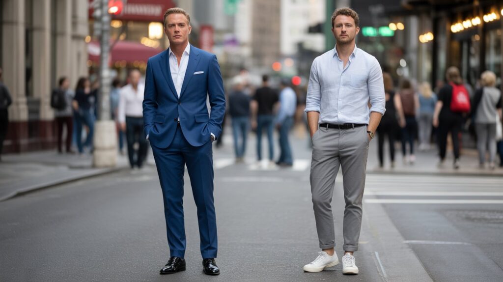 Two men standing on a city street showing the difference between formal pant vs in formal pant, with one wearing a blue suit and the other in chinos with a casual shirt.