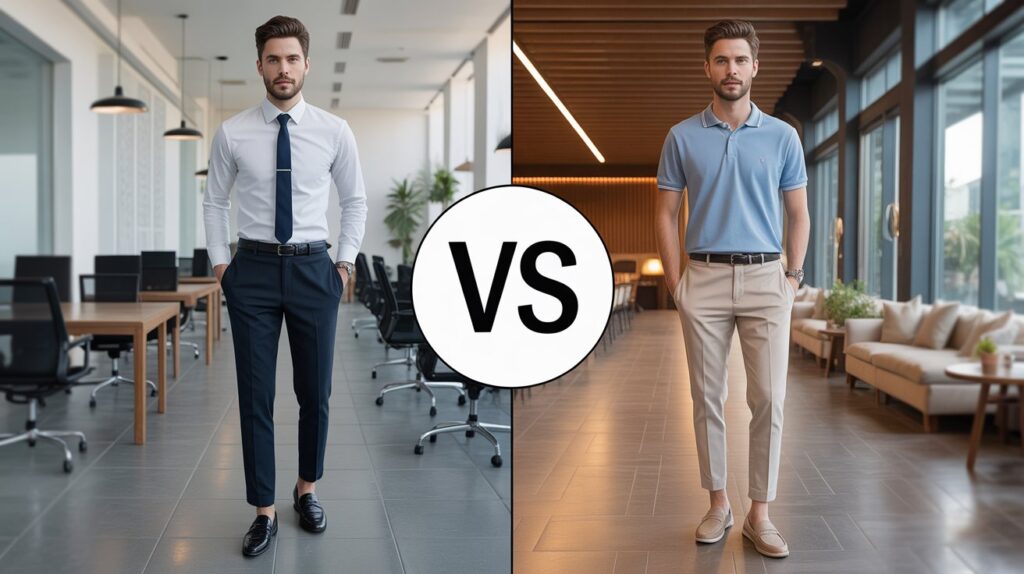 Formal pants vs casual pants comparison showing a man in tailored trousers with a dress shirt on one side and casual chinos with a polo shirt on the other.