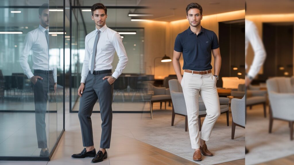 Formal pants vs casual pants comparison featuring a man in a sharp office outfit with a shirt and tie alongside another man wearing casual pants with a navy polo shirt.