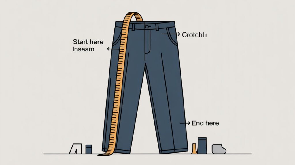 Graphic depiction of the correct method for measuring a pants inseam using a tape measure, starting at the inner thigh and ending at the leg opening.