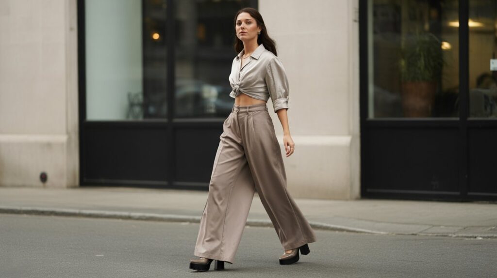A petite woman walking confidently in wide leg pants and a cropped shirt, showing how to style wide leg pants for petite frames in a modern street style look.
