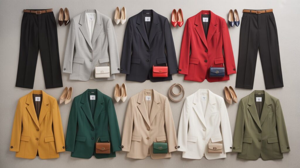 Flat lay of black dress pants paired with jackets in white, grey, navy, red, mustard yellow, emerald green, beige, and olive green, each with matching shoes and accessories.