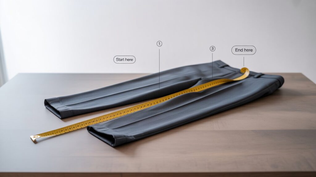 High-quality photo showing how to measure pants inseam accurately using a tape measure placed from the hem to the crotch on a flat surface