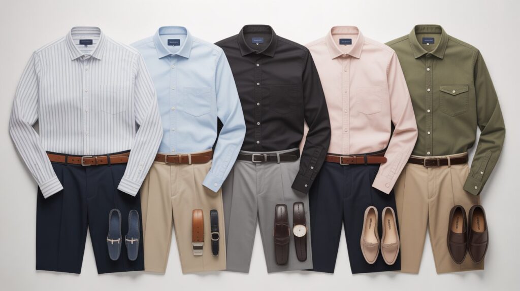 Modern shirt and pants color combinations for a fashionable look featuring striped, blue, black, pink, and olive shirts paired with navy, beige, gray, and khaki shorts, styled with matching belts, shoes, and watches.