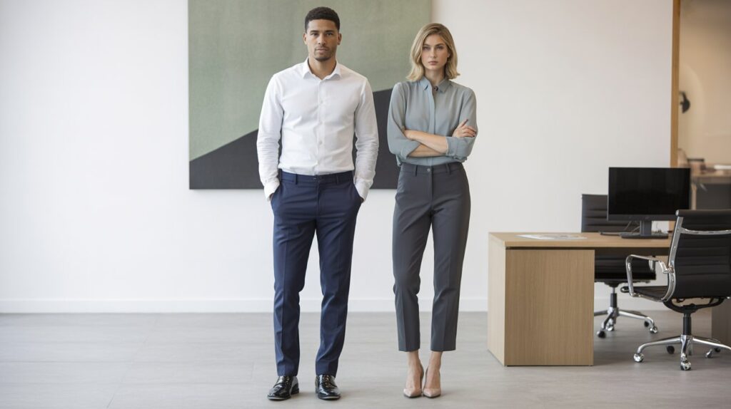 Man in navy pants and white shirt standing next to woman in charcoal gray pants and light blouse, illustrating what color pants are the best for work.