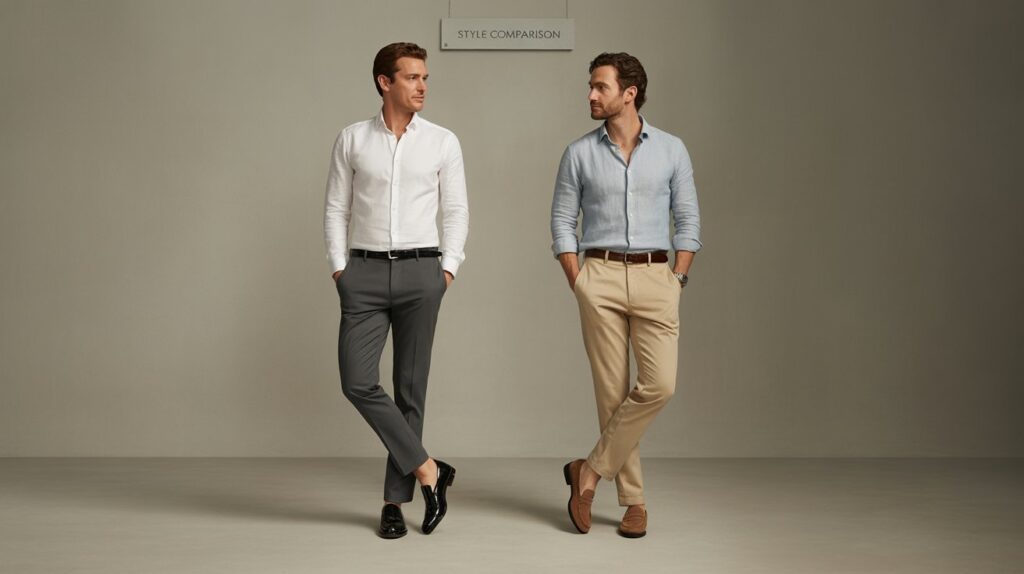 Style comparison of slim fit vs regular fit pants, showcasing how each fit looks on men for different occasions.