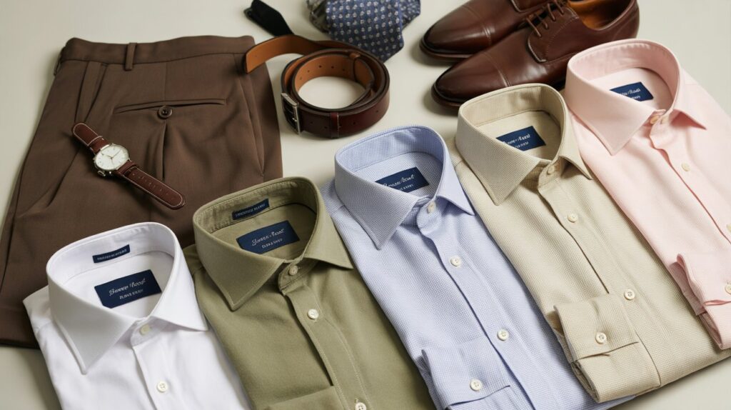 Brown pants with shirts, shoes, belt, tie, and watch
