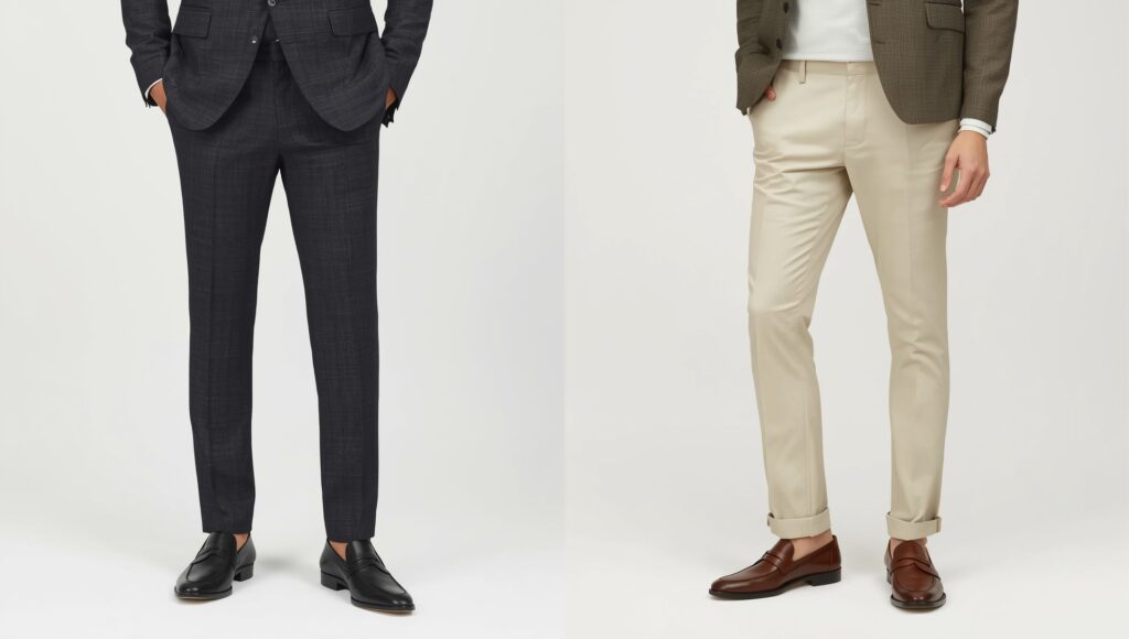 Side-by-side image showing suit pants vs chinos, with dark tailored suit pants on the left for formal wear and beige chinos on the right for a smart-casual outfit.