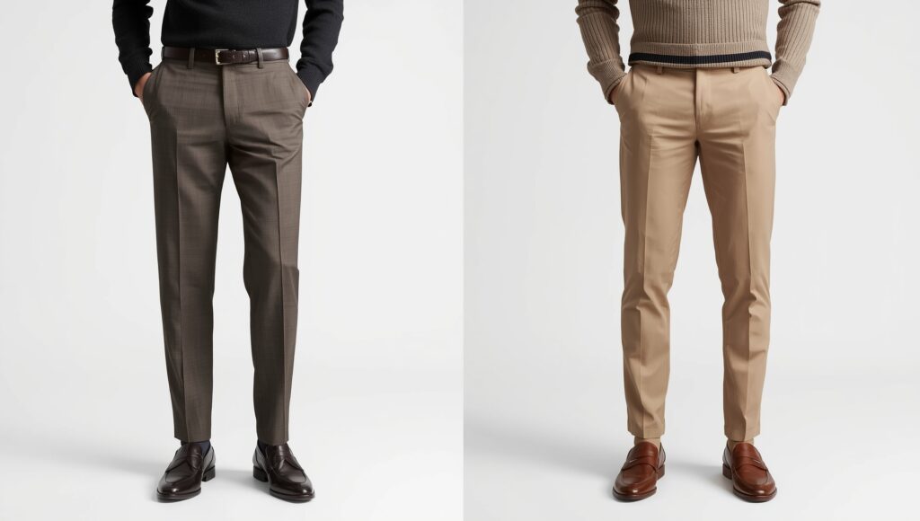 Side-by-side comparison of suit pants vs chinos, showing formal wool trousers next to casual cotton chinos for a clear style distinction.