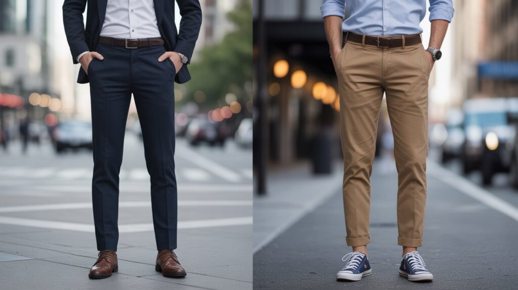 Side-by-side street style comparison showing suit pants vs chinos, emphasizing the difference between formal and casual fashion.