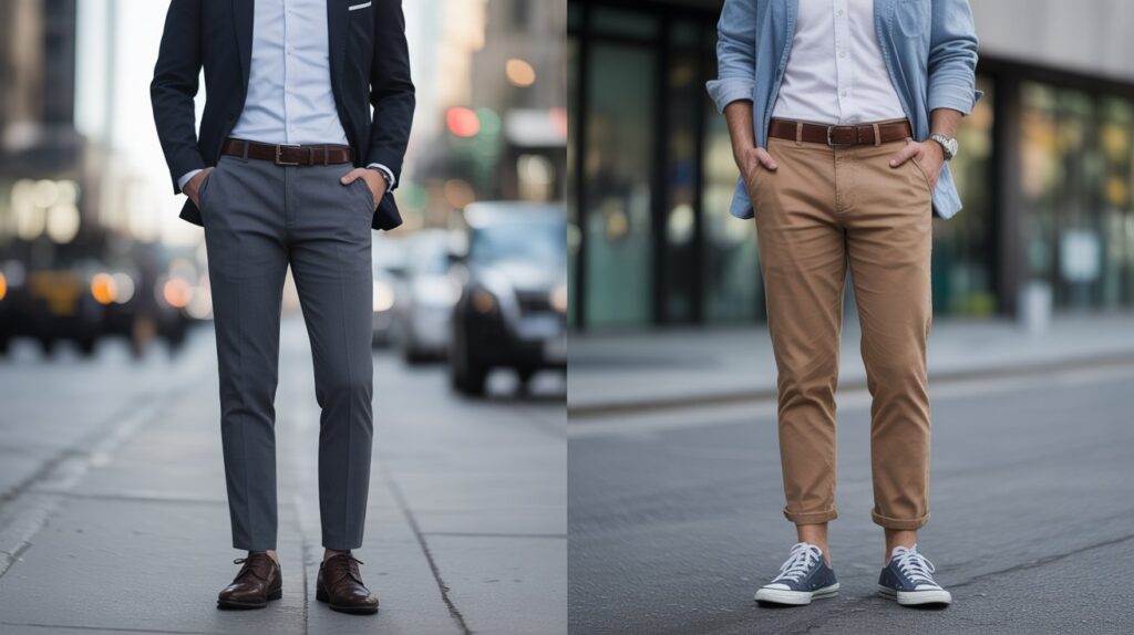 Street style comparison showing suit pants vs chinos, highlighting the contrast between formal and casual men’s fashion.