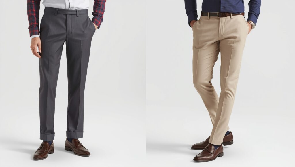 Side-by-side image of suit pants vs chinos, with dark grey formal suit pants on the left and beige chinos on the right, showing the difference in style and fit for formal vs smart-casual wear.