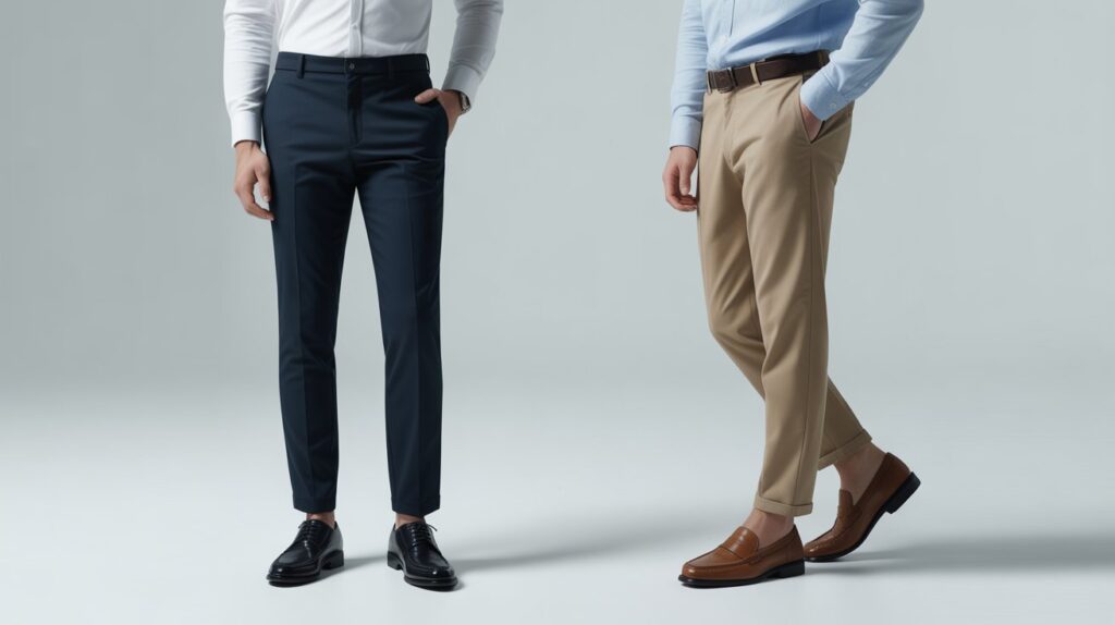 Style comparison of slim trousers and regular-fit pants showing trousers vs jeans for office fashion choices.