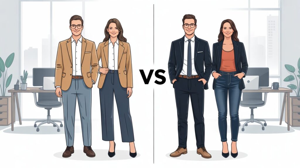Illustration comparing trousers vs jeans for office outfits, showing professionals in blazers styled with formal trousers on one side and casual jeans on the other.