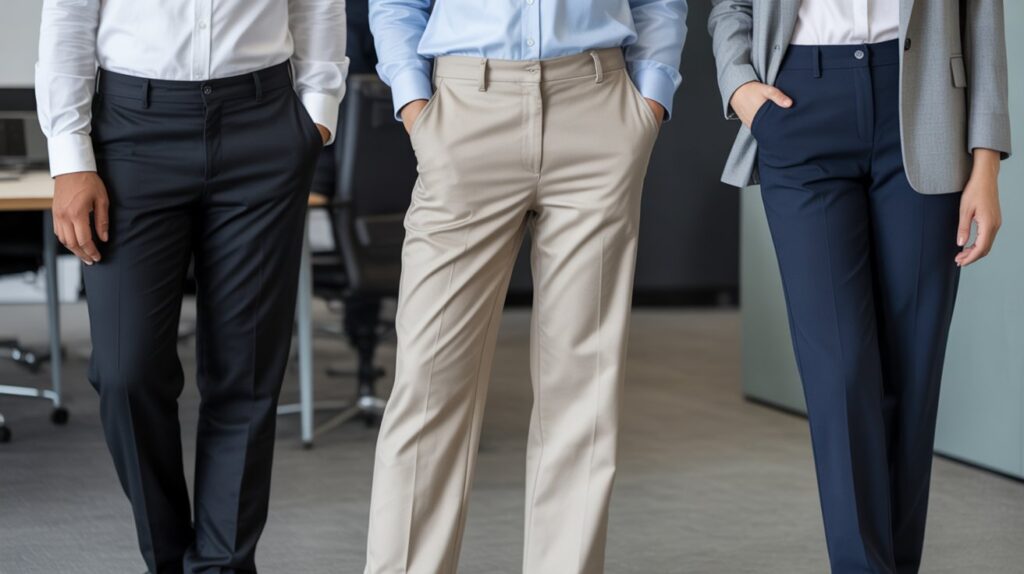 Three professionals in an office wearing black, beige, and navy trousers, showing what color pants are the best for office attire.