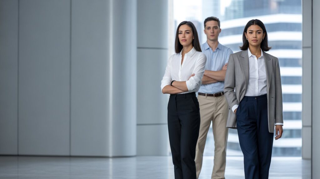 Professionals wearing black, beige, and navy trousers, demonstrating what color pants are the best for office wear.