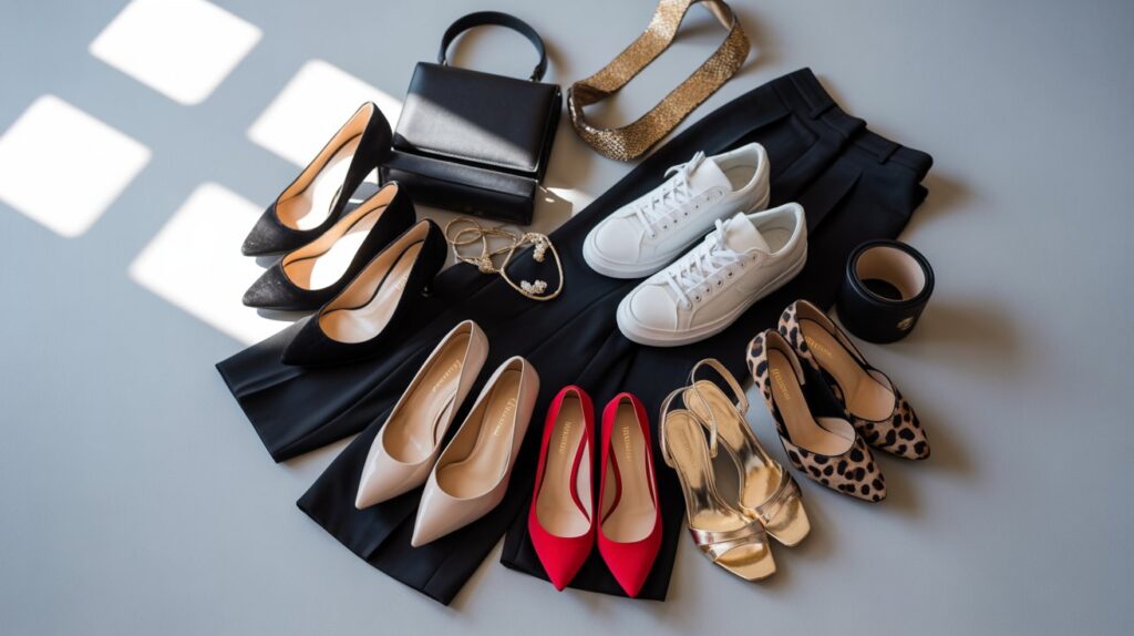 Flat lay of black pants with assorted women’s shoes—black, nude, red, gold, white, and leopard print—alongside handbags and accessories, offering inspiration for what color shoes to wear with black pants female in both casual and dressy outfits.