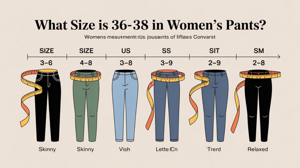 Illustration showing what size is 36-38 in women's pants by comparing EU sizes to US sizes (4–8), featuring various pant styles and measuring tapes for visual reference.