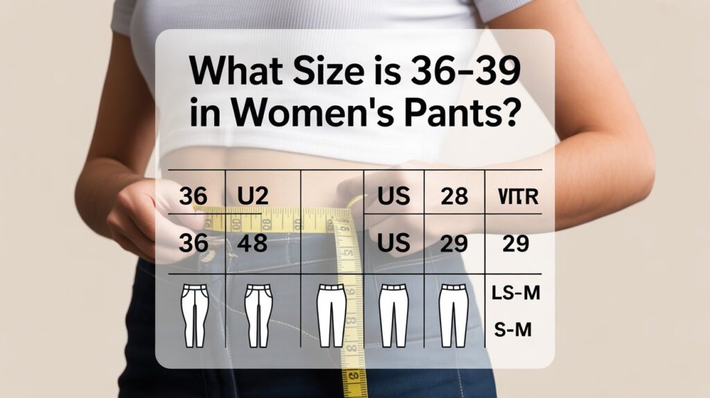 Infographic of a woman measuring her waist with a tape, showing a size conversion chart for women’s pants sizes 36–39 across US and European sizing.

