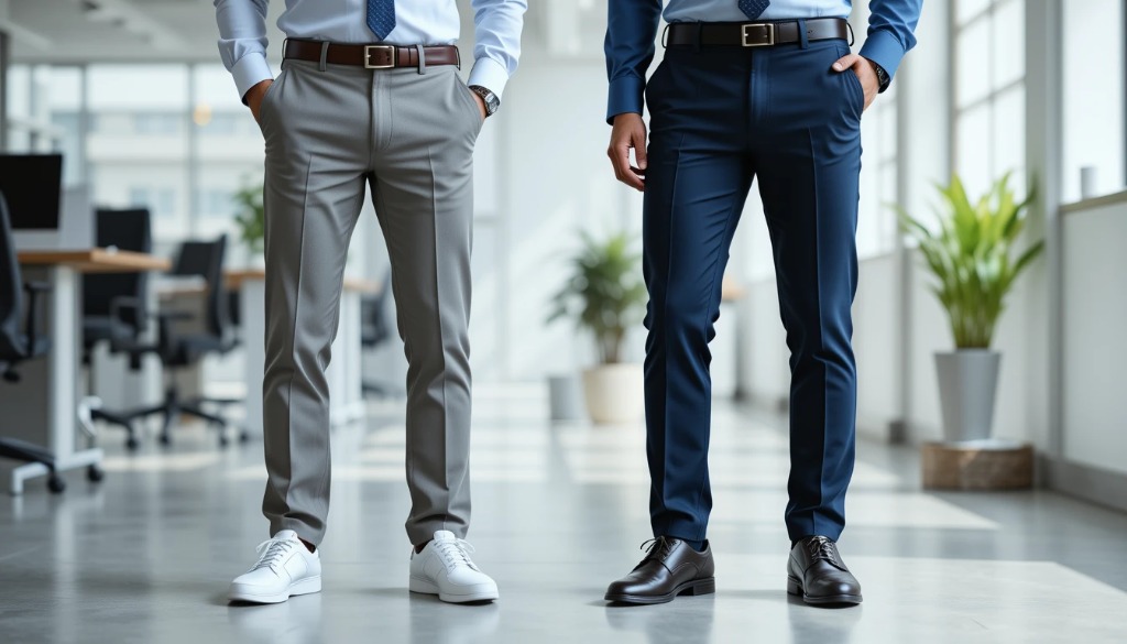 Men wearing wrinkle free pants vs ironed pants in a modern office, showing the difference in style, comfort, and polished appearance.
