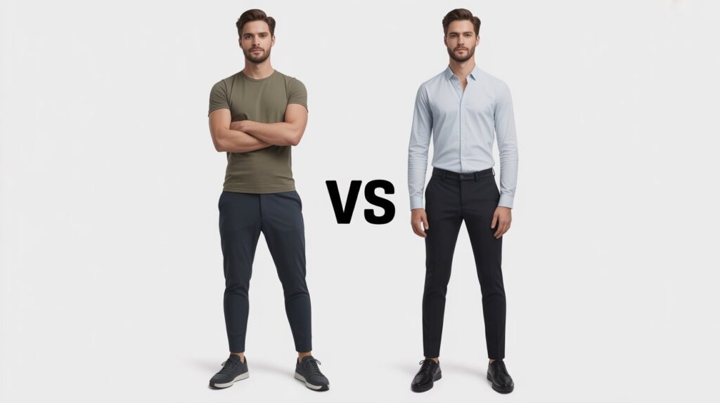 Side-by-side comparison of a man wearing athletic fit vs slim fit pants, showing the difference between a casual and formal look.