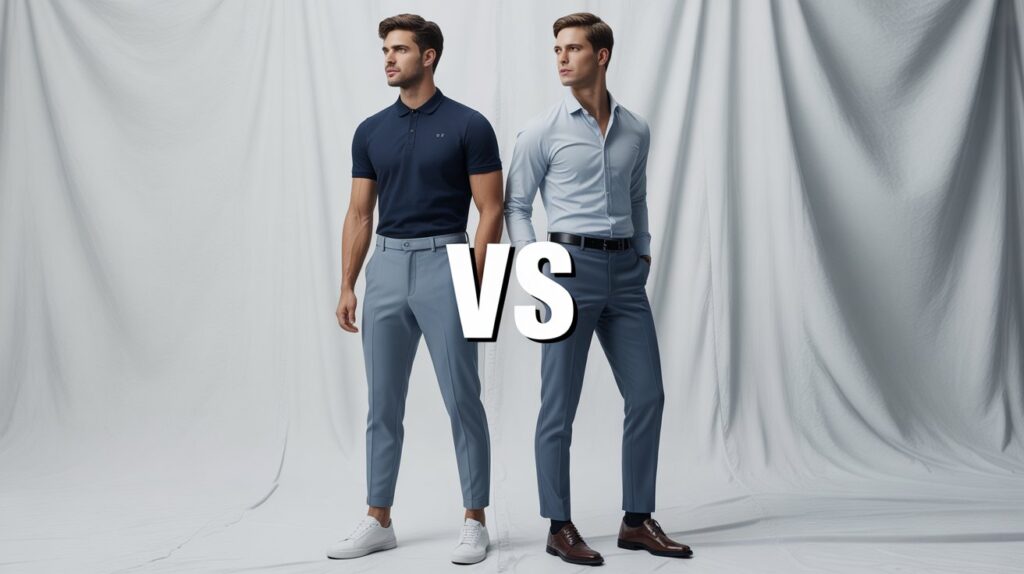 Full-body photo comparing athletic fit vs slim fit pants, showing a man in athletic fit trousers next to a man in slim fit trousers for a clear style and body type contrast.