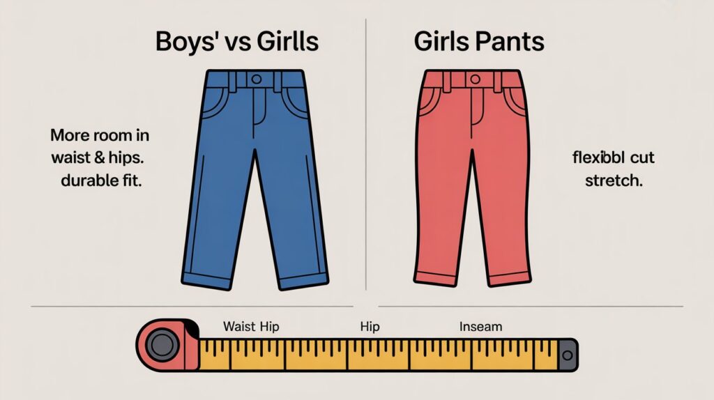 Visual infographic comparing boys’ pants and girls’ pants in the US, illustrating waist, hip, inseam, and overall fit differences.