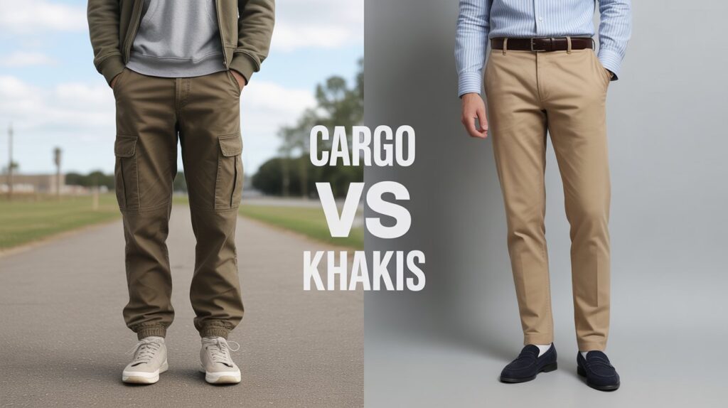 Side-by-side comparison of cargo pants vs khakis showing casual cargo pants with sneakers and formal khakis with loafers, representing U.S. fashion styles.