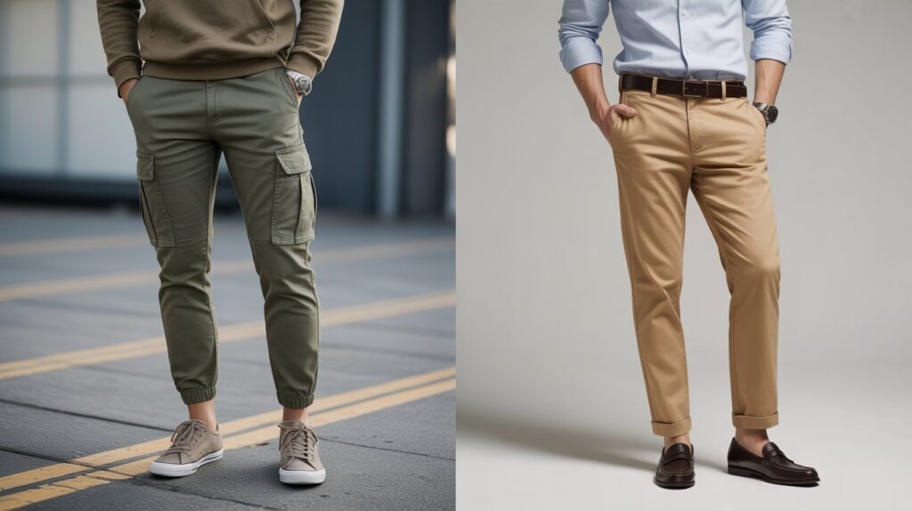 Side-by-side comparison of cargo pants vs khakis featuring casual cargo pants with sneakers and formal khakis with loafers, illustrating different fashion styles in the U.S.