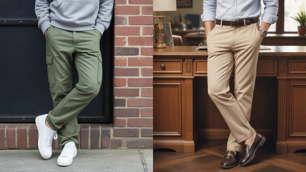 Side-by-side fashion photo showing a casual outfit with green cargo pants and a hoodie next to a dressy look with beige khakis and loafers, illustrating the key style differences in the cargo pants vs khakis debate.