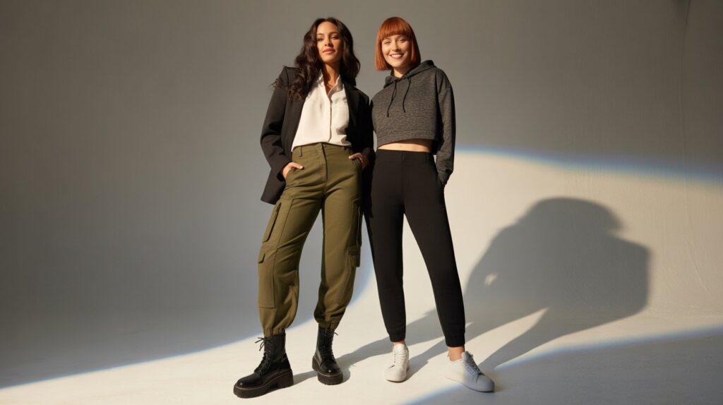 Cargo vs joggers pants fashion look showing the difference between structured cargo pants and casual joggers in women’s style.