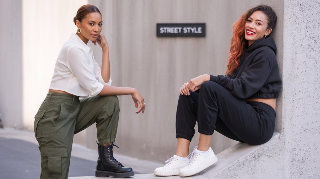 Street style fashion featuring cargo vs joggers pants, showing the difference between structured cargo pants and casual joggers in women’s outfits.