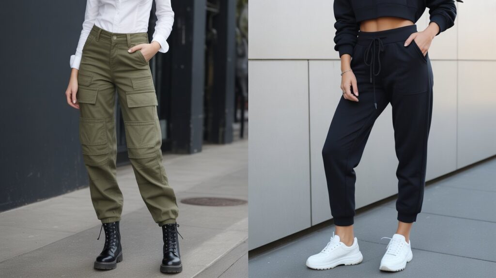 Side-by-side view of cargo vs joggers pants women’s outfits, showing the contrast between utility-style cargos and casual joggers.