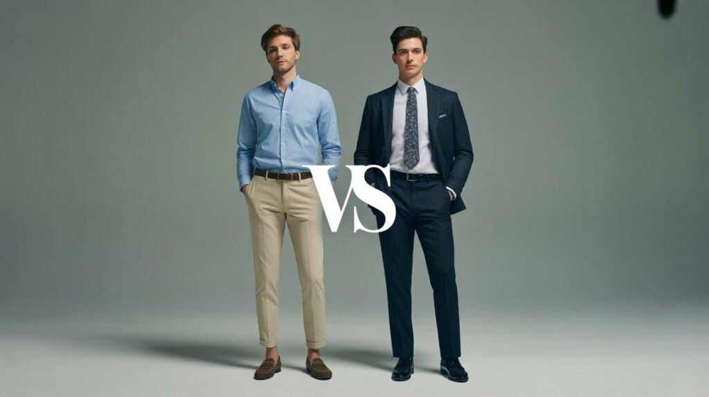 Full-body fashion comparison of chino pants vs dress pants outfits for men.