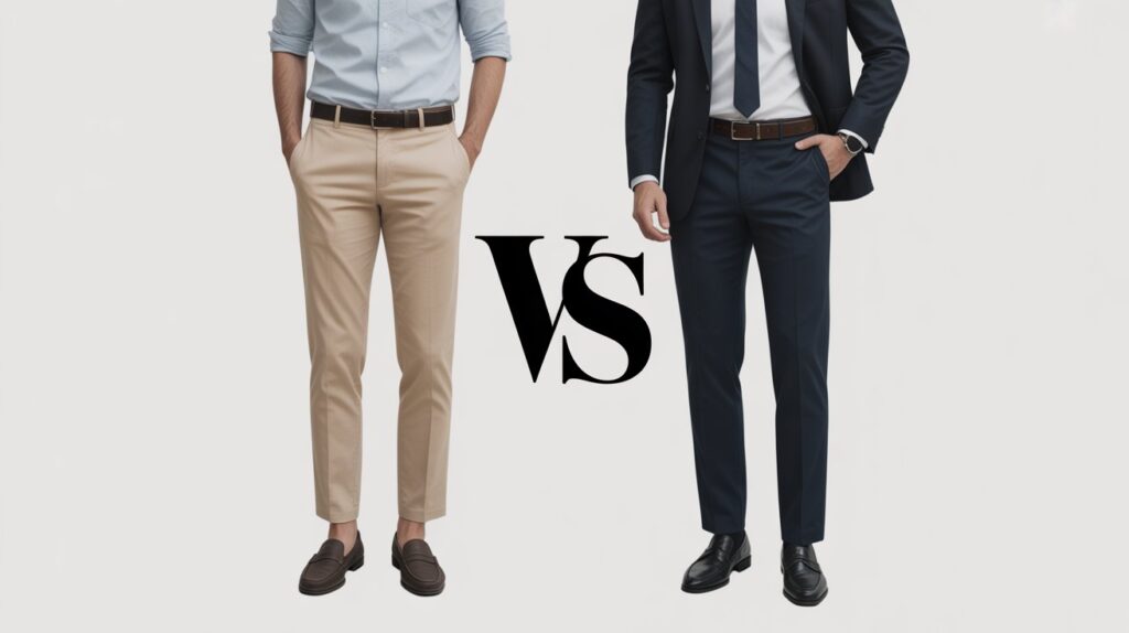 Side-by-side outfit comparison highlighting chino pants vs dress pants for men’s fashion styling.