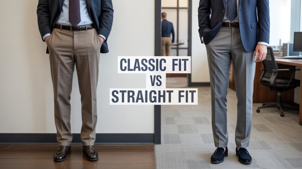 Classic vs straight fit dress pants comparison in a professional office environment, showing the difference in fit and style.