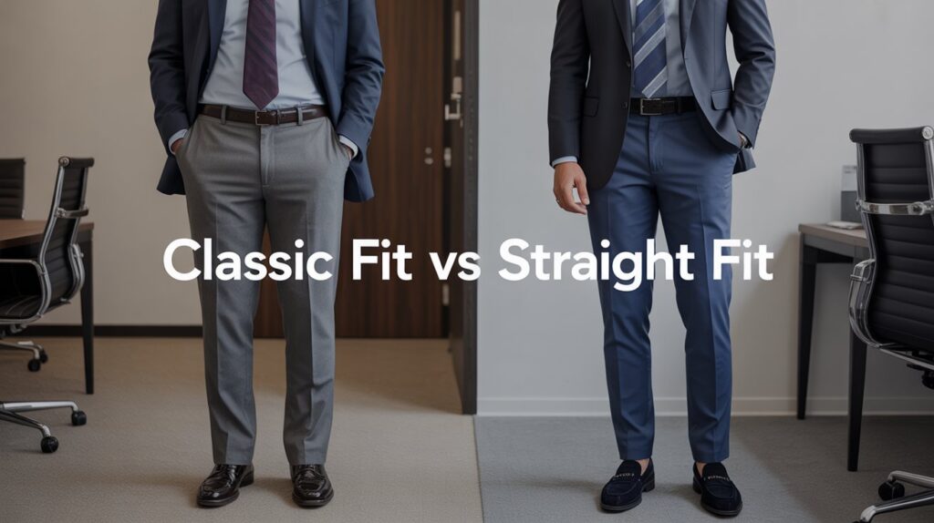 Classic vs straight fit dress pants comparison in an office setting, showing the difference in fit, cut, and professional style.