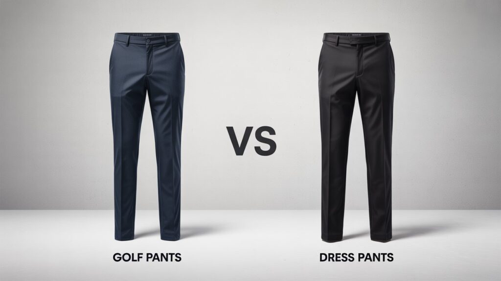 Side-by-side image showing golf pants vs dress pants, comparing their style, color, and fit.