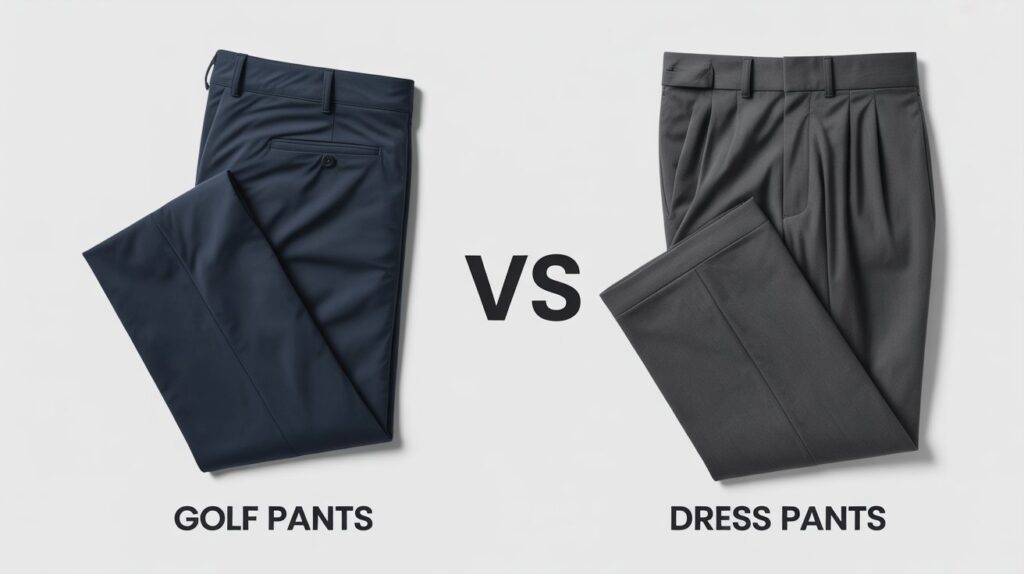 Golf pants vs dress pants flat lay side-by-side comparison showing sporty fabric golf pants next to classic tailored dress pants.