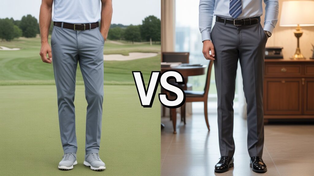 Golf pants vs dress pants side-by-side comparison showing sporty golf pants outdoors and tailored dress pants in a professional office setting.