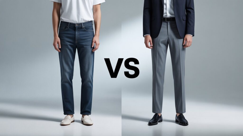 Side-by-side image of jeans vs pants for work with a bold VS in the center, representing the difference between casual and formal workplace attire.