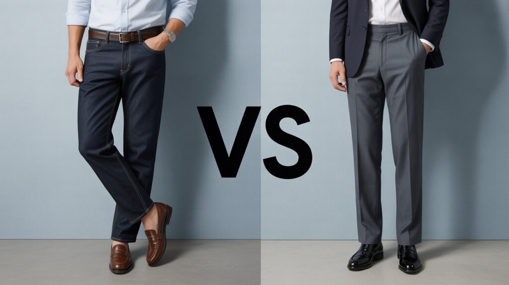 Side-by-side comparison of jeans vs pants for work with a bold VS, showcasing the difference between casual and formal workplace attire.