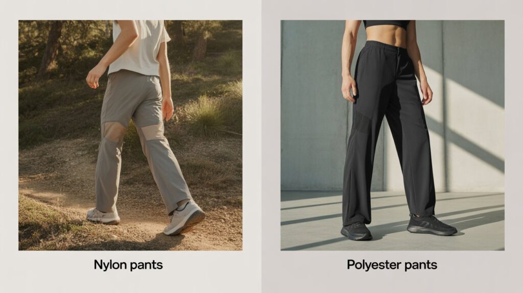 Side-by-side image showing Nylon vs polyester pants, with gray nylon pants worn outdoors and black polyester pants modeled in an indoor setting, illustrating fabric and style differences.