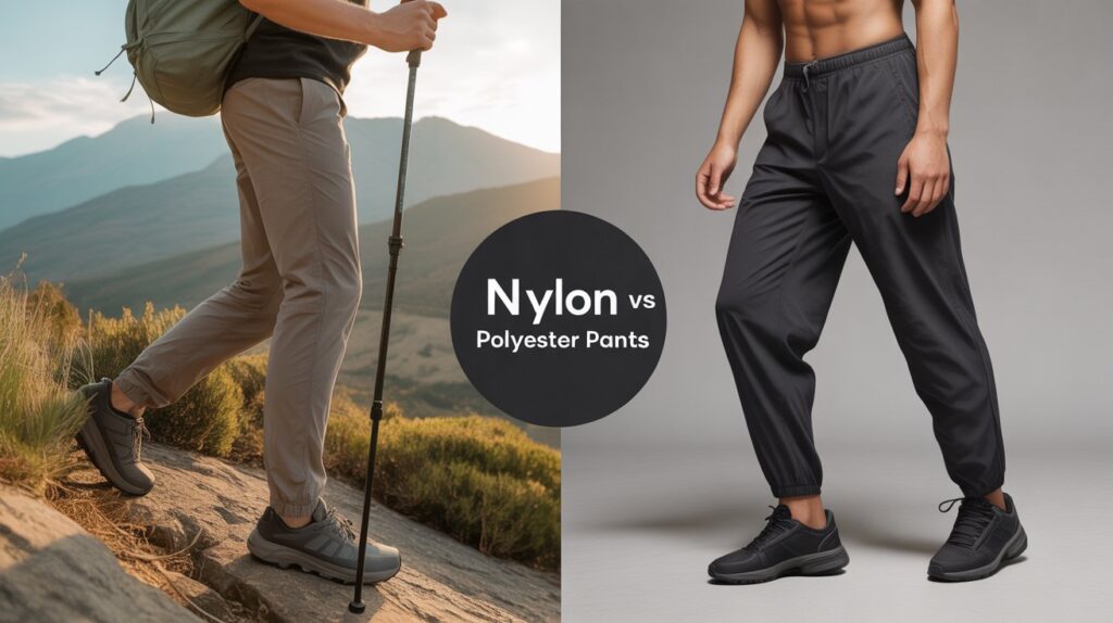 Side-by-side lifestyle comparison of nylon vs polyester pants, featuring nylon pants for hiking outdoors and polyester pants for fitness and casual wear.