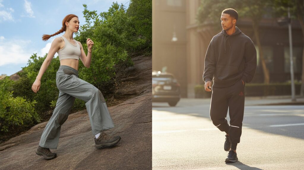 Side-by-side lifestyle image showing Nylon vs polyester pants, with a woman hiking in gray nylon pants outdoors and a man walking in black polyester pants in an urban setting, illustrating fabric and style differences.