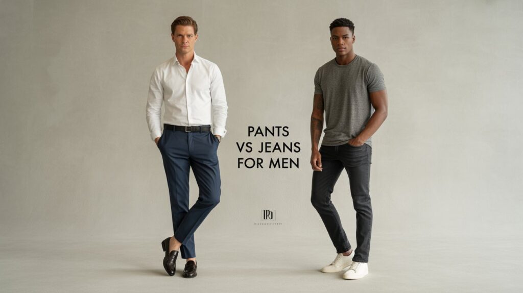 Pants vs. jeans for men style comparison showing a man in navy dress pants and white shirt beside a man in black jeans and gray t-shirt.