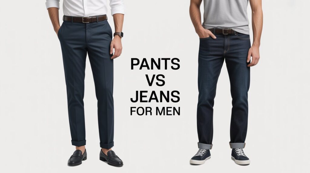 Pants vs. jeans for men comparison showing navy dress pants with loafers beside dark denim jeans with sneakers.